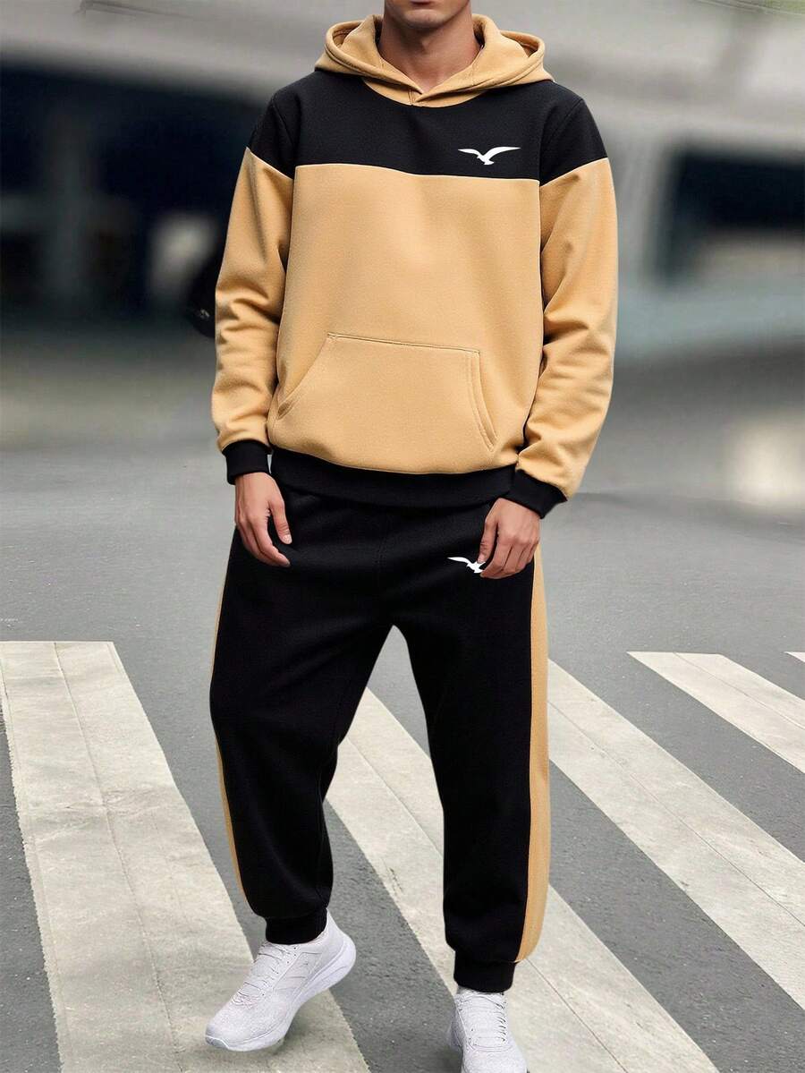 SHEIN 2pcs/Set Tween Boy Casual Contrast Color Hoodie Sweatshirt And Drawstring Pants Set,Black,Autumn,Streetwear,City Break College Style Versatile Outfit - Khaki - View 1