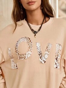 LanaWest Áo nỉ dáng rộng thêu ren phong cách Bohemian "LOVE" dành cho nữ, Thu/Đông - Màu Khaki - Xem 7