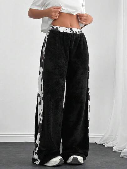 SHEIN Women's Casual Everyday Cow Print Patchwork Elastic Waist Pants