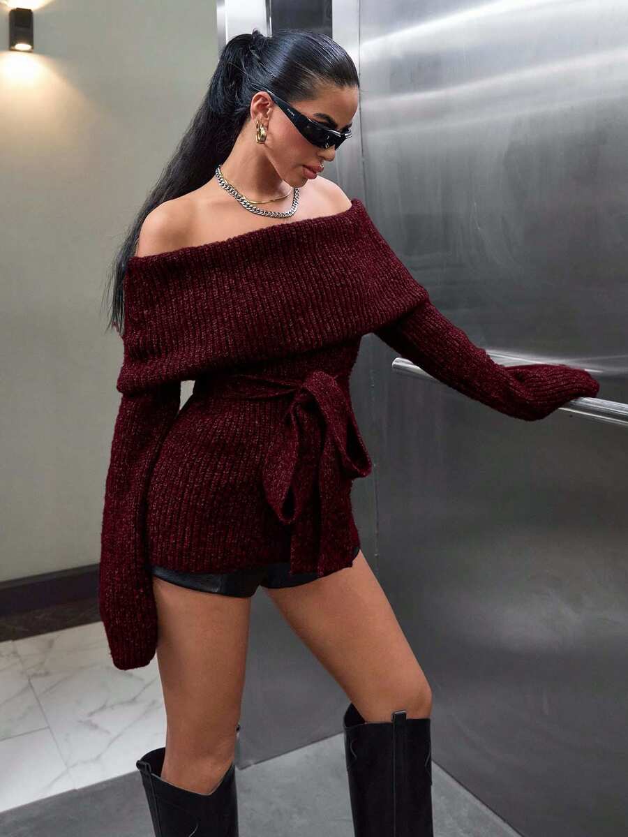 SHEIN Cottnline 女士露肩腰带舒适冬季毛衣套头衫 - 酒紅色 - 查看 1