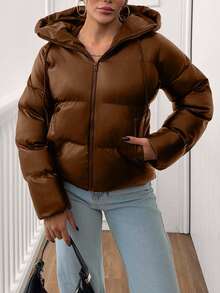 EURMUSE Women's Solid Color Long Sleeve Zipper Front Casual Hooded Winter Jacket - Brown - View 5