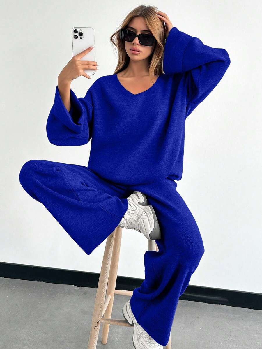 EURMUSE Women V-Neck Flare Sleeve Detailed Sweater And Pant Set - Royal Blue - View 1