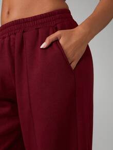 MISSGUIDED Quần nỉ ống rộng ấm áp có túi, cạp cao, quần dài thoải mái, quần thể thao rộng rãi, thoải mái cho mùa đông và mùa thu - Màu Đỏ Sâu - Xem 3
