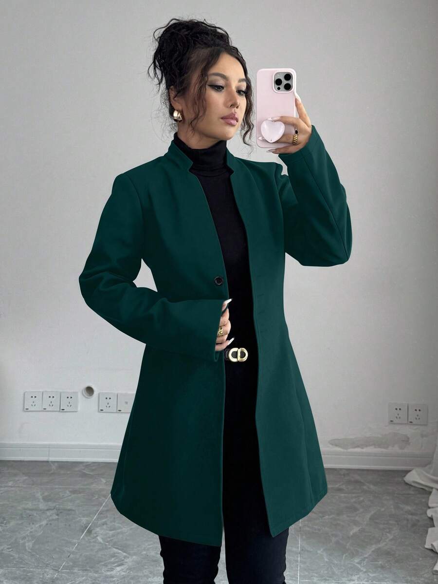 SHEIN Tall 女士休闲立领修身夹克 - 墨綠色 - 查看 1