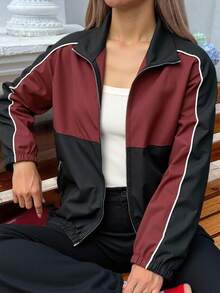 DAZY Áo khoác nữ cổ khóa kéo màu tương phản mùa thu thường ngày - Nhiều màu - Xem 3