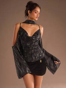 SHEIN Glamour Áo cánh trễ vai cổ xếp ly gợi cảm thời trang dành cho nữ - màu đen - Xem 5