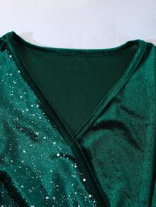 Vestido de manga larga con parches de terciopelo y strass para mujer - Verde Oscuro - Ver 4