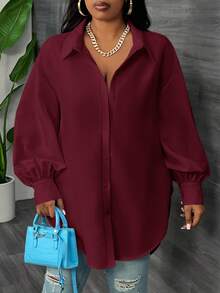 SHEIN CURVE+ Camisa de manga farol de manga larga blanca talla grande, primavera - Burdeos - Ver 6