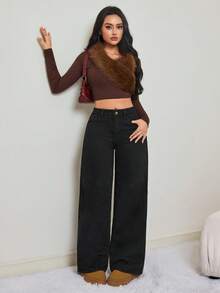 SHEIN Tall Women's Autumn/Winter Casual Pocketed Flared Jeans With Thermal Lined, Going Out Winter Clothes, Warm White Thermal Lined Low-Rise Black Jeans - Black - View 2