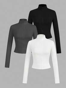 SHEIN EZwear 3pcs/Set Casual Minimalist White & Black Knit Zip-Up Long Sleeve T-Shirts For WomenIn Fall/Winter - Multicolor - View 14