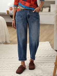 EMERY ROSE بنطلون جينز نسائي بجيب ذو لون أحادي مريح وقابل للتحويل