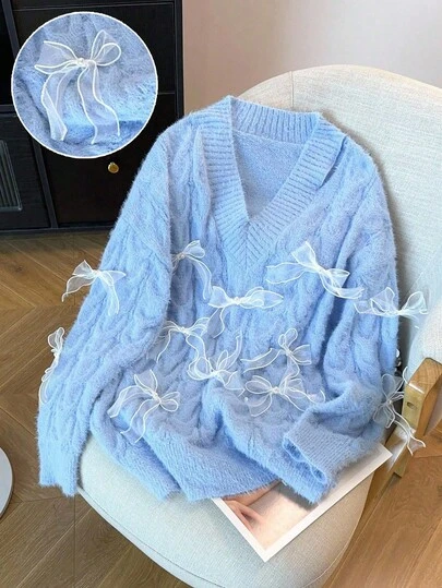 GlowEve CURVE 大码博主风格宽松蝴蝶结装饰纹理露肩长袖套头衫