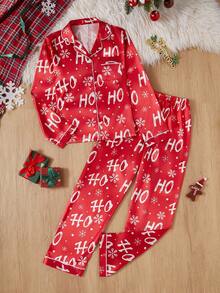 Winter  2pcs/Set Teen GirlSnowflake Print Long Sleeve Cardigan And Casual Pants Comfortable Loungewear Red Christmas Pajama Set - Red - View 8