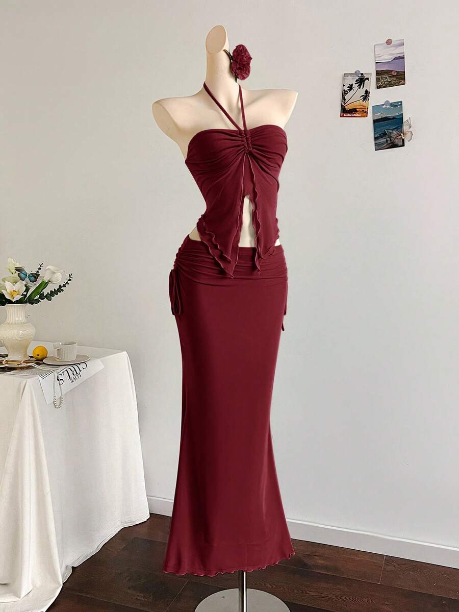 Soleia New Vacation Western Beach Wedding Guest Attire, Graduation Brunch, St. Patrick's Day, Spring Break, Easter, Music Festival, Elegant Bohemian Tropical Strapless Sleeveless Mesh Ruffle Hem Two Pieces Set