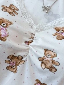Tween Girls Lace Bow Bear Graphic Tight Fit Long Sleeve T-Shirt, Comfortable For Autumn/Winter, Party, Street, Back To School Girls Bear Top Baby Doll Top Teddy Bear Shirt Teddy Bear Long Sleeve Cute Tops Women - Multicolor - View 2