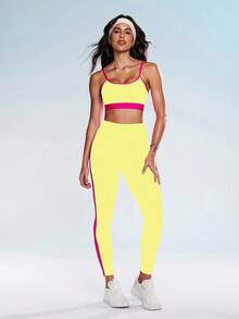 Eassivo Costum sport pentru femei, la modă, cu sutien și colanți, cu bretele subțiri, cu garnituri contrastante, de vară