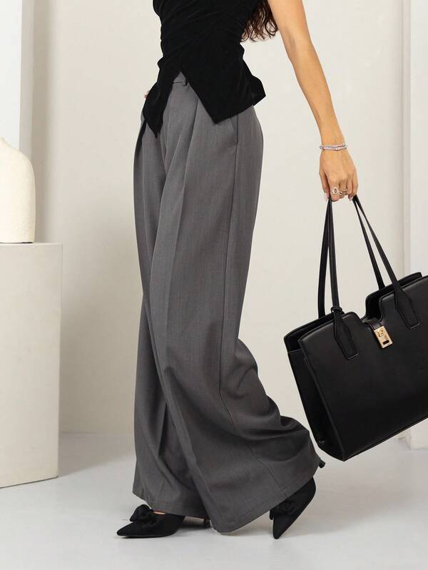 House of One Charcoal Grey Pleated High-Waisted Straight Leg Long Pants Women Casual Office Old Money Fall Clothes Fall Outfits Business Professional Women Business Casual Woman