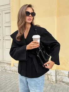 SHEIN Tall 女款優雅通勤黑色大衣 素色前綁帶長袖口袋簡約休閒外套 秋冬款 - 黑色 - 查看 5