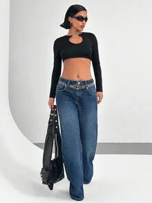 EURMUSE STYLISH Jean Leopard Detailed Mid Rise Loose Denim Jean - Dark Wash - View 7