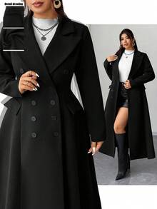 Elenzga 冬季大码女式双排扣褶皱长款大衣 - 黑色 - 查看 6
