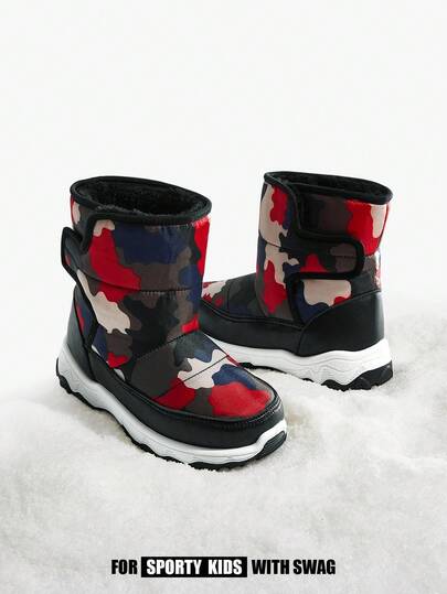 JNSQ 1 双儿童/青少年迷彩毛绒时尚魔术贴保暖雪地靴，舒适休闲冬季靴，适合日常穿着和运动（图案随机）