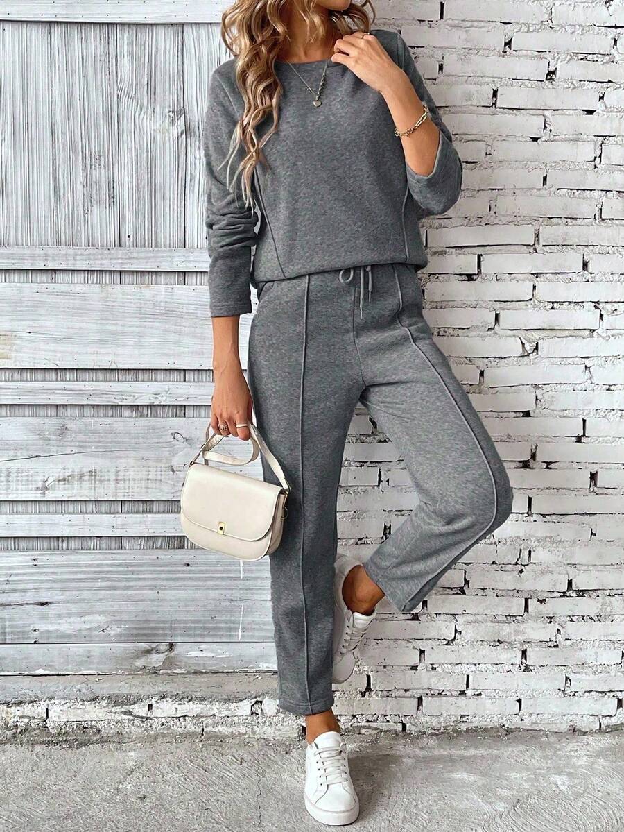 SHEIN PETITE Bộ 2 áo nỉ dài tay và quần dài cho nữ, áo nỉ có mũ trùm đầu dây rút, quần cạp chun - Màu xám đen - Xem 1