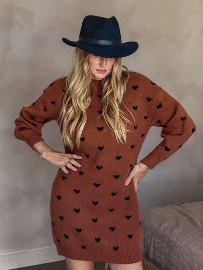 Vivie Lora Women's Loose Heart All-Over Print Knee-Length Sweater Dress