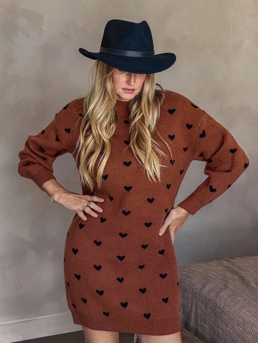 Vivie Lora Women's Loose Heart All-Over Print Knee-Length Sweater Dress - Orange - View 1