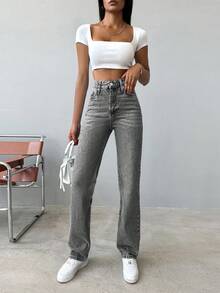 SHEIN Tall Tall High Waist Snow Wash Straight Jean - Grey - View 3