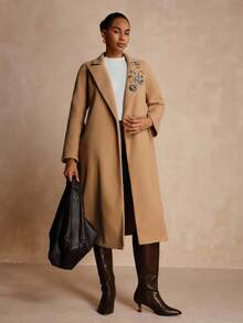 Lyxana Metal Collar Decor + Robe Style Woolen Coat Brown Coat - Mocha Brown - View 4