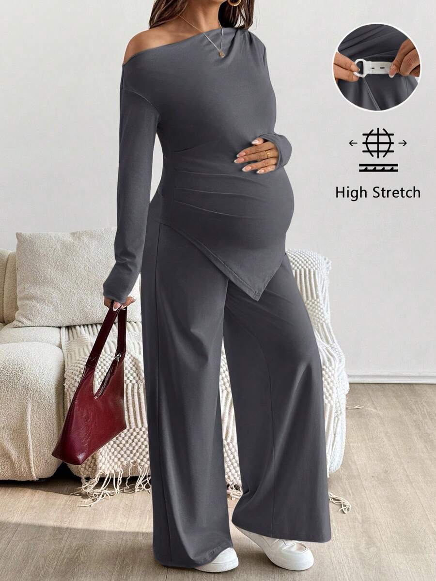 SHEIN 2pcs Maternity Casual Solid Asymmetric Top And Pants Set Maternity Matching Set Maternity Palazzo Pants 2 Piece Maternity Set Pregnancy Clothes Maternity Clothes Two Piece Outfits - Grey - View 1