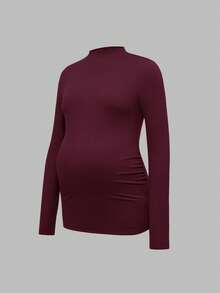 Modmama 3Pcs Maternity Autumn Clothes,Black And White Elegant Smart Casual Everyday Solid Stand Collar Long Sleeve Thermal Lined Fitted Pregnancy T-Shirt - Burgundy - View 3