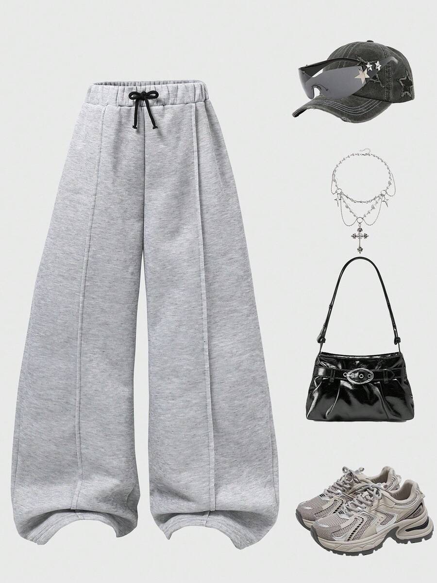 SHEIN Sparklyn Teen Girl Casual Wide Leg Knit Fabric Pants, Loose Fit Comfortable, Suitable For Autumn/Winter Daily Commute, Outing, Party, Photo Shoot, Shopping