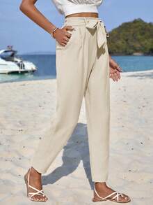 EURMUSE Solid Belted Tapered Trousers - Apricot - View 3