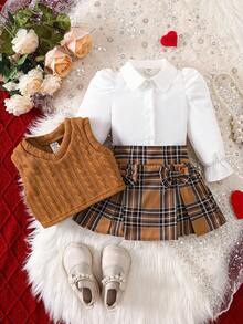 SHEIN 女婴纯色衬衫、背心和格子裙套装 - 棕色 - 查看 4