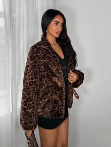 TRNVIE 1 pieza Chaqueta regular de mujer, cuello de piel de leopardo sintética marrón con cinturón, estilo retro tipo caja, para invierno - Marrón - Ver 6