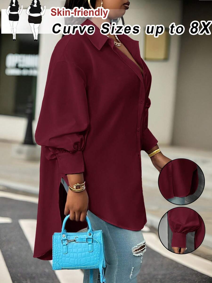 SHEIN CURVE+ Camisa de manga farol de manga larga blanca talla grande, primavera - Burdeos - Ver 1