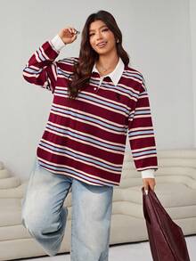 大码宽松条纹长袖休闲运动衫，返校运动服，秋冬 - 彩色 - 查看 5