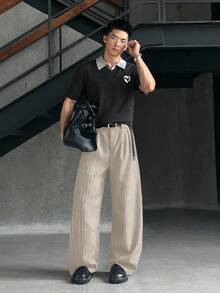 ESTAVOR Plus Size Men Grey Vertical Striped Woven Wide Leg Pants, Fall - Beige - View 5