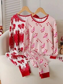 4 件套贴身少女睡衣套装，长袖上衣和裤子，蝴蝶结、棒棒糖和圣诞主题印花，舒适面料，优雅家居睡衣 - 彩色 - 查看 4