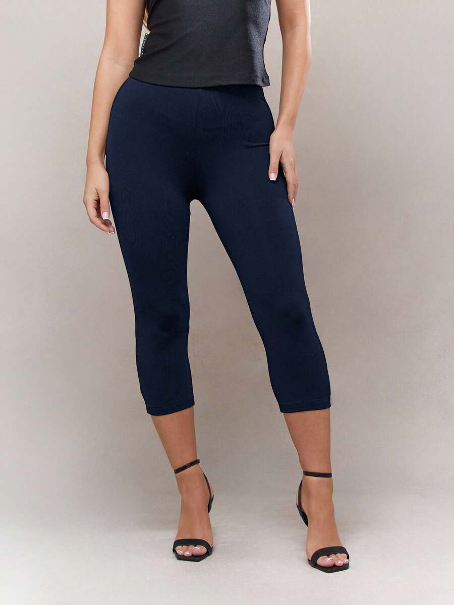 MISSGUIDED Women High Waist Capri Leggings Three Quarter Length Slim Fit Stretch Pull On Casual Pants For Office Everyday Wear Spring Summer - Navy Blue - View 1