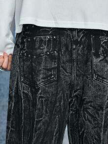 ROMWE MEN Casual Men's Washed Lightning Graphic Pocket Wide Leg Loose Fit Jeans - Black - View 2