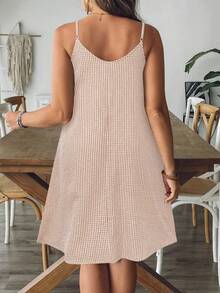 SHEIN VCAY Váy kẻ caro đen trắng thường ngày cỡ lớn dành cho nữ - Màu Khaki - Xem 2