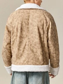 ROMWE MEN Street Life Men's Casual Patchwork Fuzzy Trim Zip-Up Raglan Sleeve Jacket, Autumn/Winter - Brown - View 3