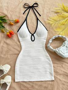 SHEIN WYWH 女士性感露背挂脖迷你连衣裙，夏季 - 白色 - 查看 5