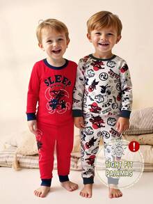 男婴超级英雄图案睡衣套装，红色和海军蓝，长袖 T 恤和紧身裤，弹性面料，舒适休闲家居服 - 彩色 - 查看 6