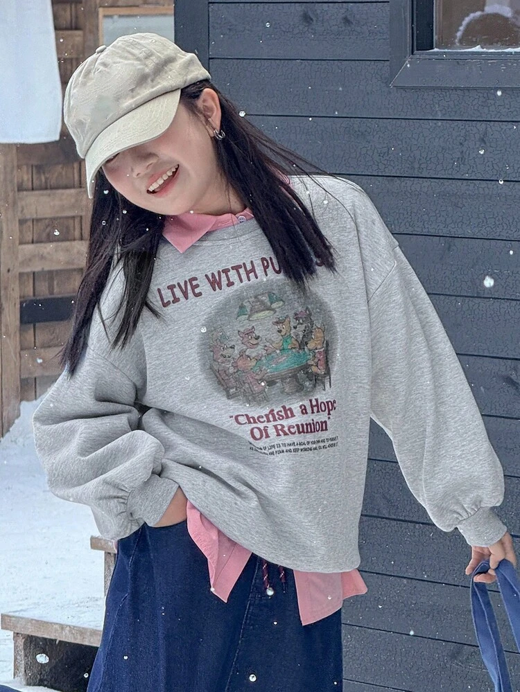 Tween Girl Crew Neck Thermal Lined Printed Sweatshirt, Fall