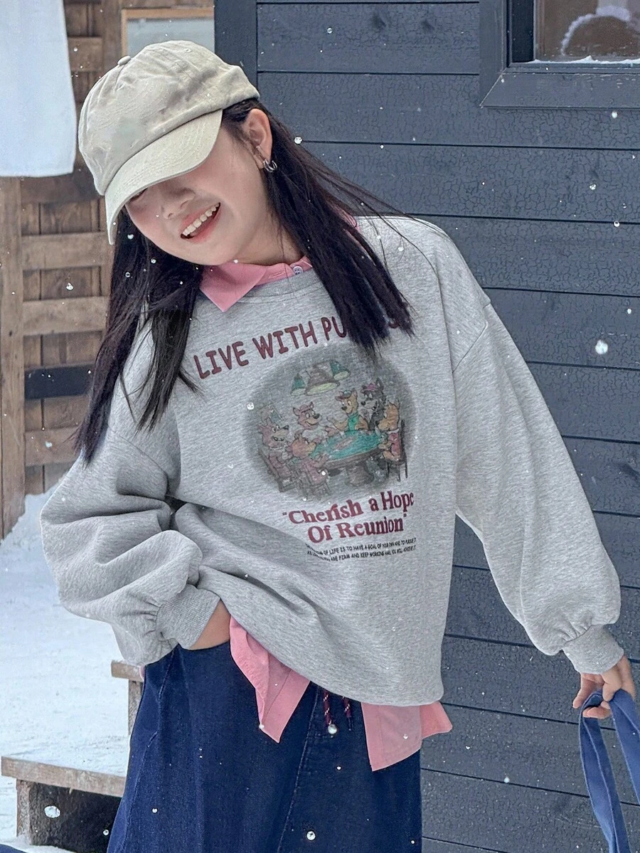 DAZY Tween Mädchen Pullover mit Rundhalsausschnitt, thermisch gefüttert mit Aufdruck, Herbst