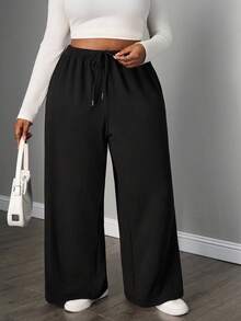 SHEIN PETITE CURVE Plus Size Women's Simple Front Tie Loose Sweatpants, Casual Daily Wear Fall Winter - Black - View 8