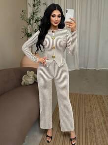 Vavine 2pcs Apricot & Black Striped Elegant Metal Button Decor Long Sleeve Lightweight Women Set - Multicolor - View 6